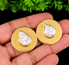 Handmade Brass Round Stud Earrings with Baroque Pearl Stones and 22k Gold Plating